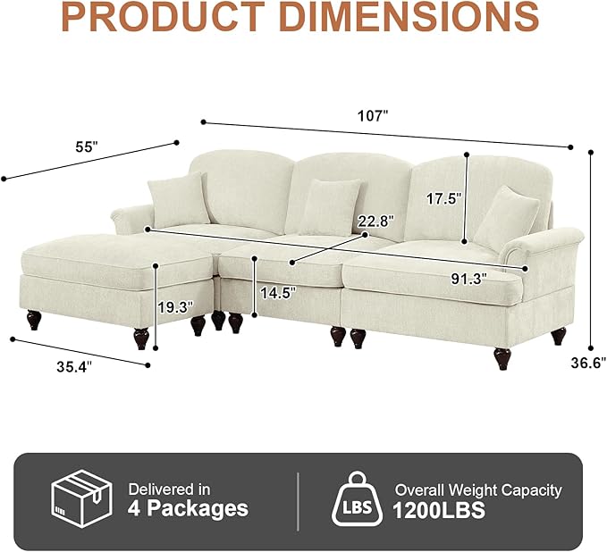Rovibek 107” L Shaped Couch, Chenille Midcentury Modern Sofa with Detachable Ruffle Hem, Sectional Couches for Living Room with Throw Pillows & Ottoman, White