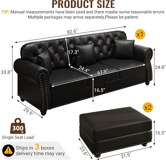 KEIKI 83" Faux Leather Chesterfield Sofa with Rolled Arms & Nailhead Trim & 2 Ottoman, 3-Seater Button Tufted Couch with High Resilience Cushion & 3 Pillow, Easy Assembly, for Living Room, Black