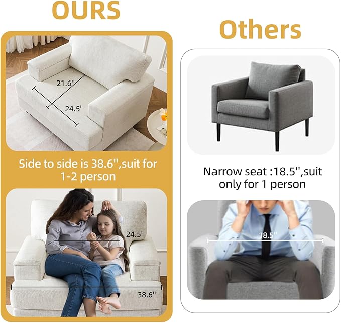 Oversized Living Room Chairs Set of 2,Comfy Accent Chair with Armrest Organizer,Upholstered Linen Fabric Armchair Thick Cushion,Big Reading Chair,Sofa Chair for Bedroom