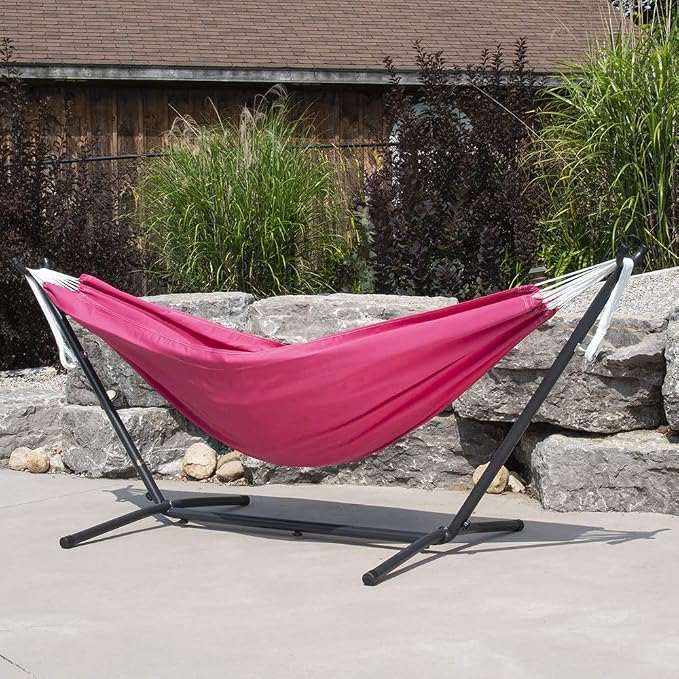 Vivere Double Polyester Hammock with Space Saving Steel Stand and Premium Carry Bag - 450 lb Capacity (Hot Pink) - Image 3