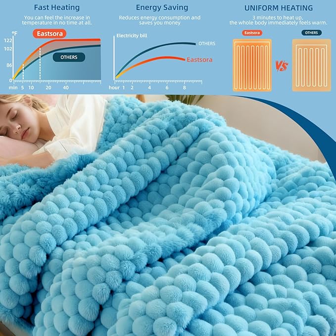 Eastsora Heated Blanket Flannel Throw Blanket, 50"X 60" Electric Heating Blanket with ETL & FCC & 12 Heating Levels & Auto Shut Off，Machine Washable (Blue, Single - 50" x 60")