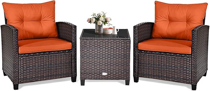 KOTEK 3 Piece Patio Furniture Set, Outdoor Conversation Set with Washable Cushions & Tempered Glass Tabletop, PE Rattan Wicker Bistro Set for Porch, Garden, Balcony (Orange)