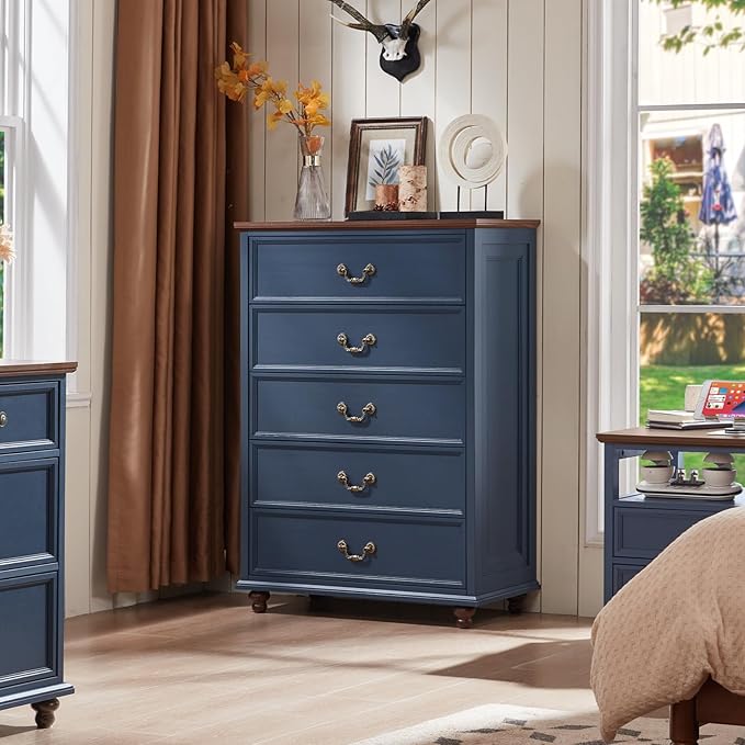 Joaxswe 24" Wide Farmhouse Nightstand with Charging Station Set of 2, 45" Tall Rustic Chests of 5 Drawers w/ 4 Solid Wood Feet, Farmhouse Furniture Series for Living Room,Bedroom,DarkBlue