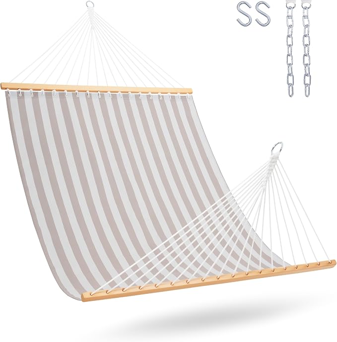 Lazy Daze Hammocks Quick Dry Hammock with Spreader Bar Textliene Fabric Double 2 Person Hammock with Chains Outdoor Patio Poolside Backyard Beach 450 lbs Capacity, Beige White Stripes by LazyDazeHammocks