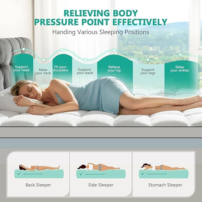 Dual Layer 4 Inch Memory Foam Mattress Topper Queen Size - 2 Inch Cooling Gel Memory Foam Plus 2 Inch Pillow Top Thick Mattress Pad - Pressure-Relieving Comfort