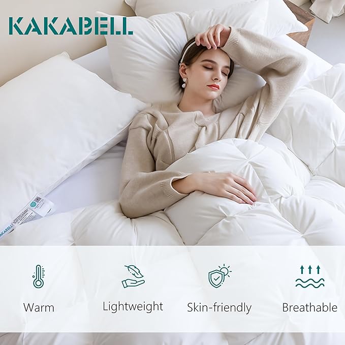 KAKABELL Pinch Pleat Goose Down Feathers Fiber Comforter Full/Queen Size All Season-Ultra Soft and Cozy Noiseless Duvet Insert with Egyptian Cotton Blend Cover,Fluffy Warm Comforter White,90"X90"