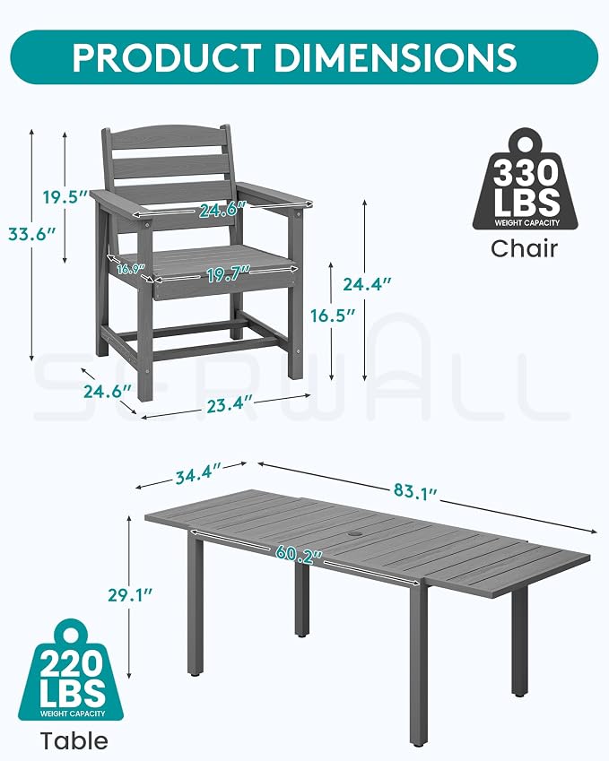 SERWALL 9-Piece Outdoor Dining Set, 60" - 83" Expandable Outdoor Dining Table and 8 HDPE Chairs, All Weather HDPE Outdoor Furniture Set for Backyard, Garden, Grey - Image 6