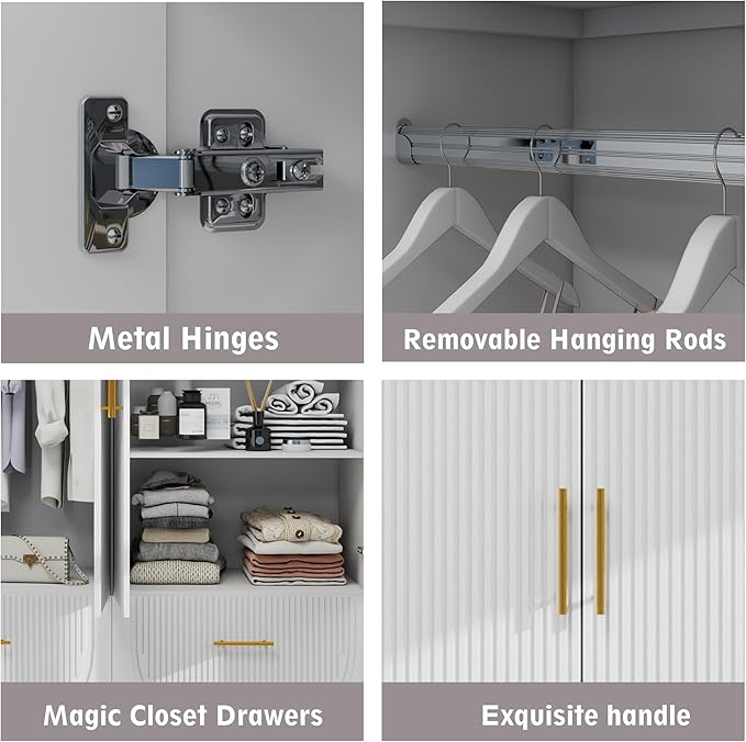 Wooden Armoire Wardrobe Closet：Large Wardrobe Closet with 2 Doors, 2 Drawers for Tall Cabinet, Wardrobe Cabinet for Bedroom with Hanging Rods, Golden Handle, White