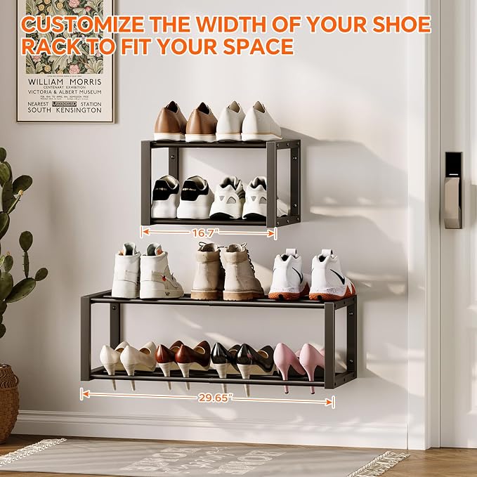 Homeiju Hanging Shoe Organizer,2 Pack Wall Mounted Shoe Rack Holds 12 Pairs,Space Saving Metal Wall Shoe Rack,Hanging Shoe Rack Shoe Holder for Small Space,Entryway,Closet,RV,Camper（Black - Image 5