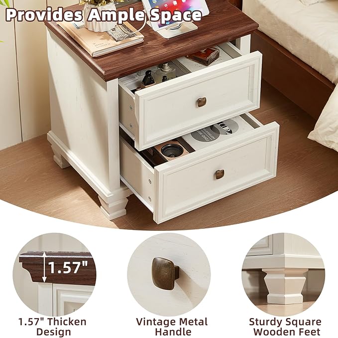 SAVOR LIFE Farmhouse Nightstand with Charging Station, Rustic Low Night Stand with 2 Drawers, Mid-Century Modern End Table with 4 Square Solid Wood Legs, Small Dresser for Bedroom, Home, White - Image 8