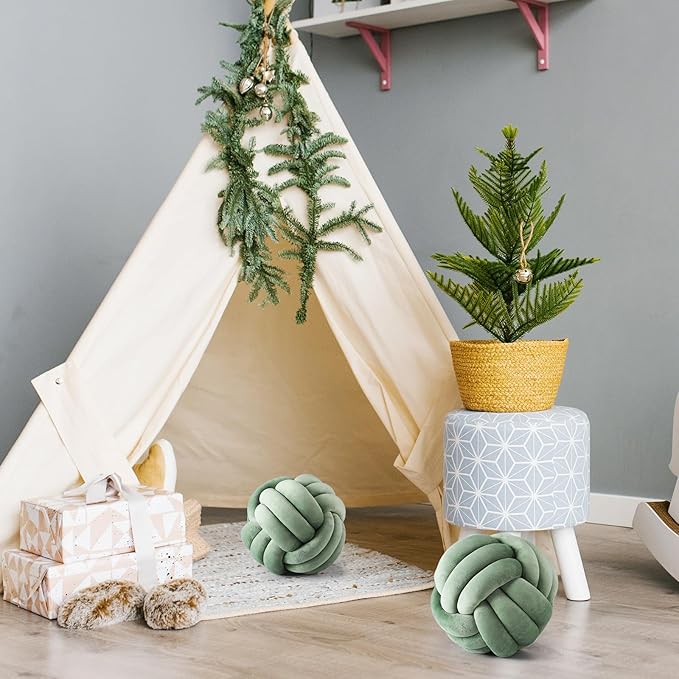 Namalu 2 Pcs Soft Knot Pillow Ball, Decorative Round Throw, Soft Knotted Plush Pillows, Handmade Stuffed Ball Pillows Cushion for Bedroom Sofa Couch Home Decor(10.6 Inches,Dark Green)