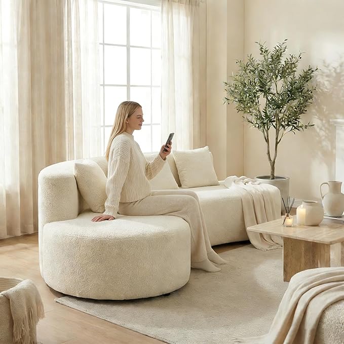 Modern Curved Sectional Sofa Couch 95" Beige - Cloud Fleece Upholstered 4-Seater Modular Boneless Couches for Living Room, Office, Apartment