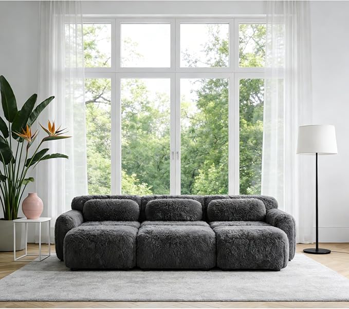 114.7" Sectional Sofa Bed, 6-Seater Modular Sleeper Boneless Couch with Movable Ottoman, Plush Convertible Sofa Set Deep Seat Couches for Living Room, Bedroom and Apartment, Dark Grey