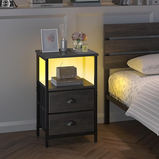 sthmec Nightstand with Charging Station, LED Night Stand Set of 2, Bedside Table End Table with Drawer, Bedroom Tables with 2 Fabric Drawers, 3-Tier Storage Side Table for Bedroom, Black Oak - Image 5