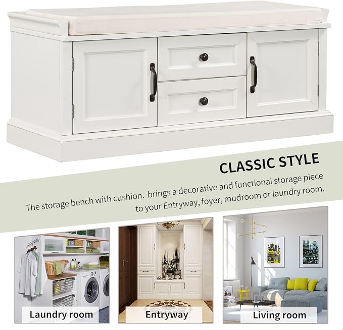 GDFStudio Rustic Storage Bench with 4 Doors 2 Draws Adjustable Shelves Removable Cushion Rectangular Cabinet Foot Rest Stool Solid Wood Shoe Bench Seating for Entryway Living Room, White - Image 7