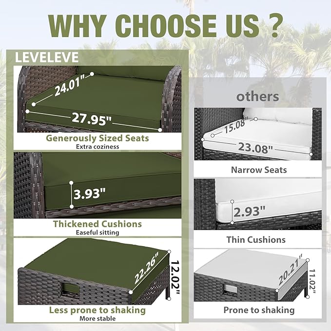 LEVELEVE Patio Conversation Set 5 Piece, Balcony Furniture Outdoor PE Rattan Wicker Lounge Chairs with Soft Cushions, 2 Ottomans & Glass Table for Porch Lawn, Brown (Army Green Cushions