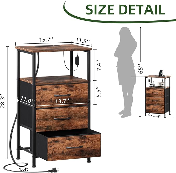 Somdot Tall Nightstand with Charging Station and LED Light for Bedroom, 3 Drawers Dresser with Fabric Bins for Bedside Kids Dorm Room Closet Laundry Entryway, Wood Grain Print - Image 3