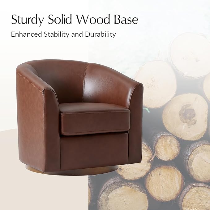 HULALA HOME Genuine Leather Swivel Barrel Chairs Set of 2, Round Swivel Accent Chairs with Solid Wood Base, Leather Barrel Accent Chair for Living Room, No Assembly Required, Brown