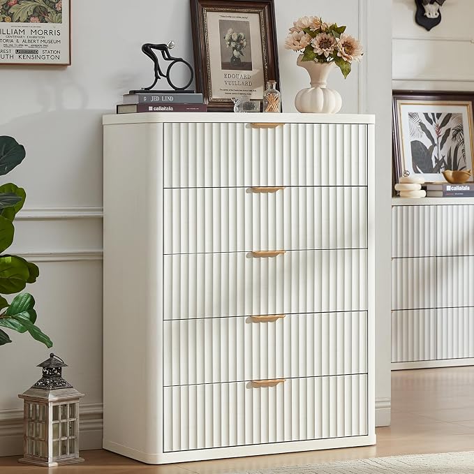 LEYAOYAO Fluted 5 Drawers Dresser Set of 2, 41" Tall Modern Chest of Drawers with Metal Handle, Curved Profile Dresser TV Stand, Wooden Drawer Organizer for Bedroom, Living Room, Hallway,Antique White - Image 8