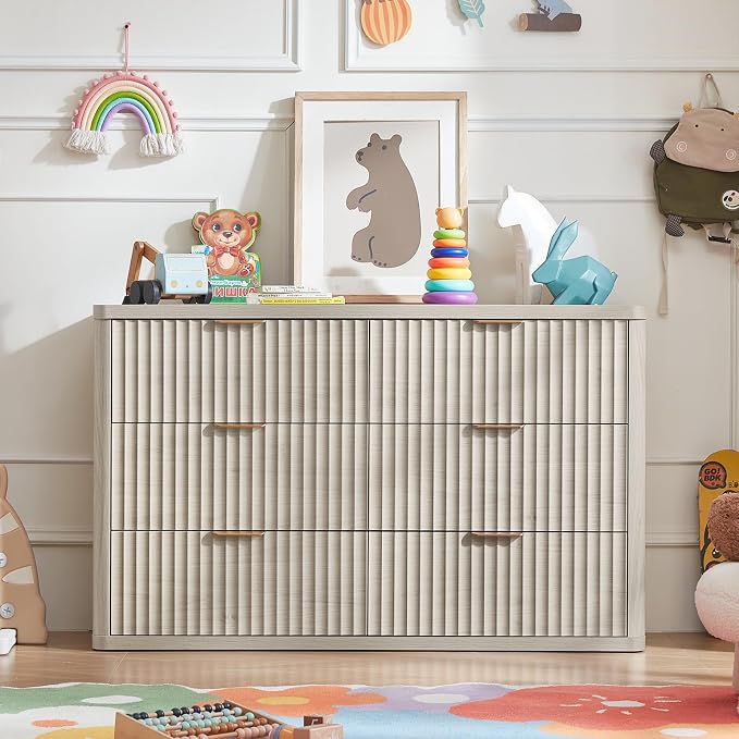LEYAOYAO Fluted 6 Drawers Dresser Set of 2, 48" Wide Modern Chest of Drawers with Metal Handle, Light Grey Curved Profile Dresser TV Stand, Wooden Drawer Organizer for Bedroom, Living Room, Hallway - Image 5
