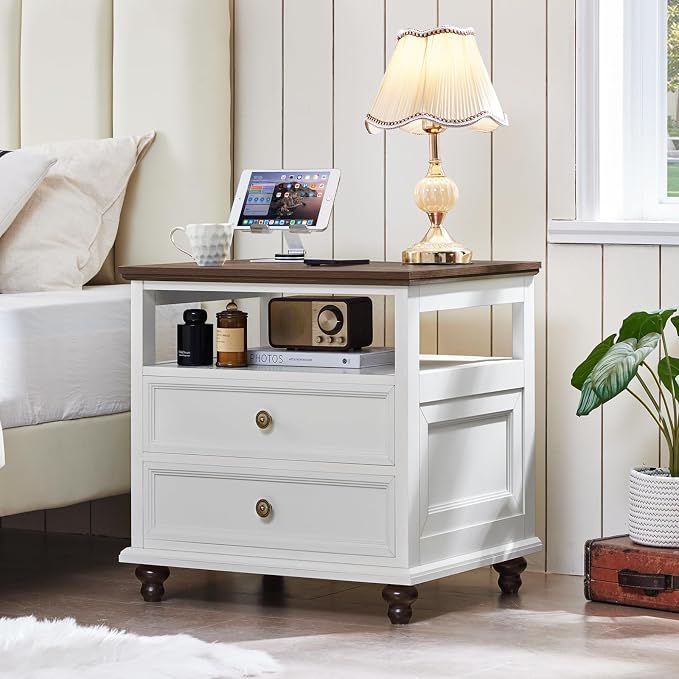 Joaxswe 24" Wide Farmhouse Night Stand,Large End Table with 2 Drawers & Metal Handle,Wood Dresser for Bedroom, White Bed Side Table Chest of Drawers Cabinet,Nightstand for Living Room,Closet - Image 3
