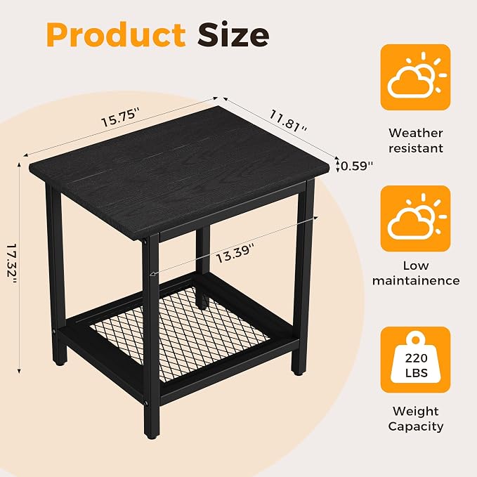 2-Tier Outdoor Side Table with Storage, Weather Resistant Patio End Table, HDPS Small Accent Table for Deck, Garden, Pool, Backyard, Black - Image 3