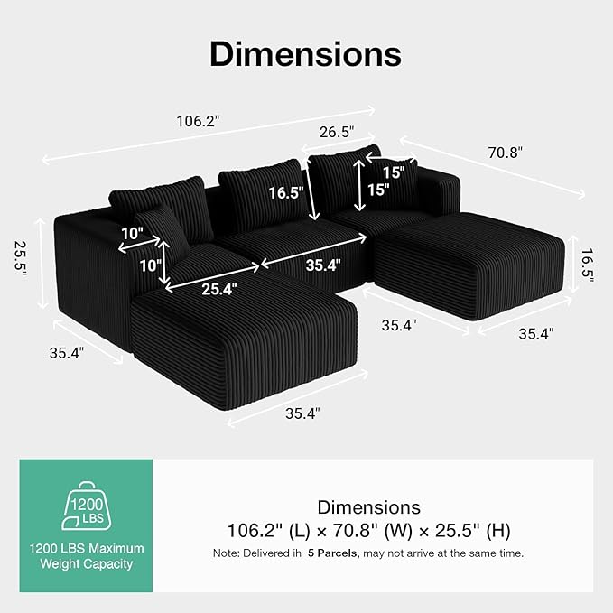Novilla 106" Modular Sectional Sofa, Modern Cloud Sectional Couch with Smarts Coil® Support, U-Shape Boneless Couch for Living Room Apartments Bedroom, No Assembly Required (3 Seat w/ 2 Ottoman)