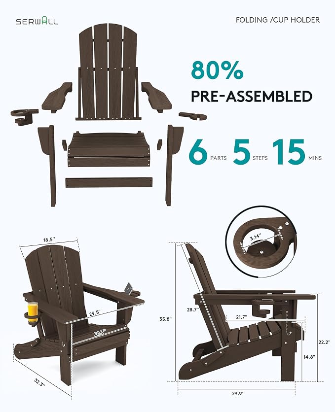 SERWALL Adirondack Chair with Cup Holders - Composite Adirondack Chairs Set of 4 HDPE Outdoor Chairs All Weather Use- Coffee - Image 3