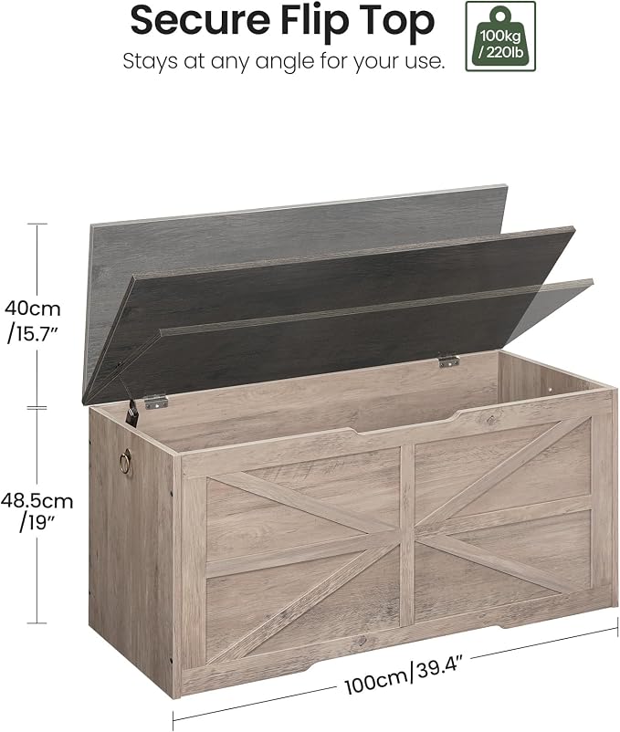 CHOEZON Storage Chest, 39.4" Wooden Storage Trunk, Retro Storage Bench with Safety Hinge, Toy Chest Storage, Farmhouse Style, for Bedroom, Living Room, Charcoal Gray and Greige MCW10HC - Image 3