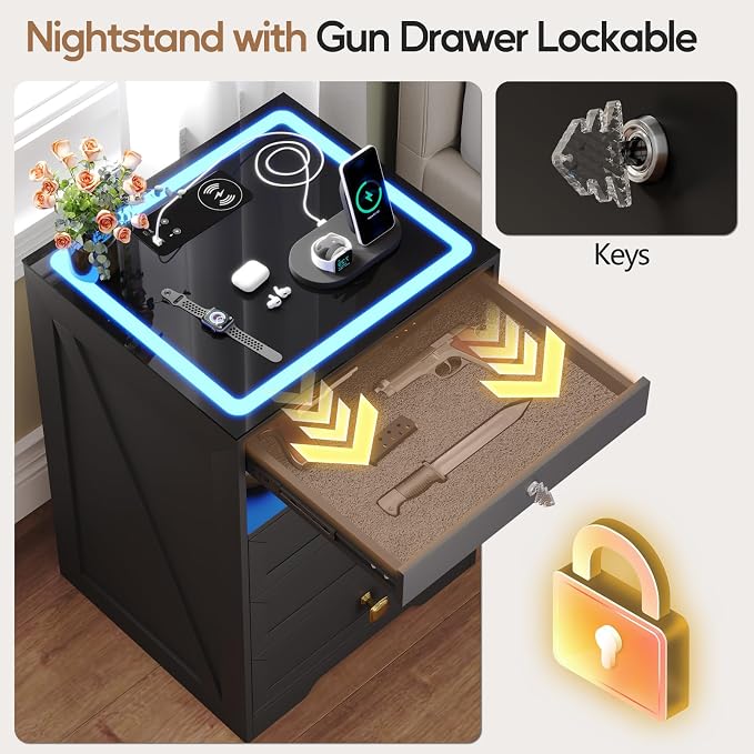 Smart Nightstand with Lockable Gun Drawer,Farmhouse Bedside Table with Charging Station and 3 LED Lights, Modern Night Stand with 3 Drawers,Glass Top End Side Table for Bedroom（Black） - Image 5
