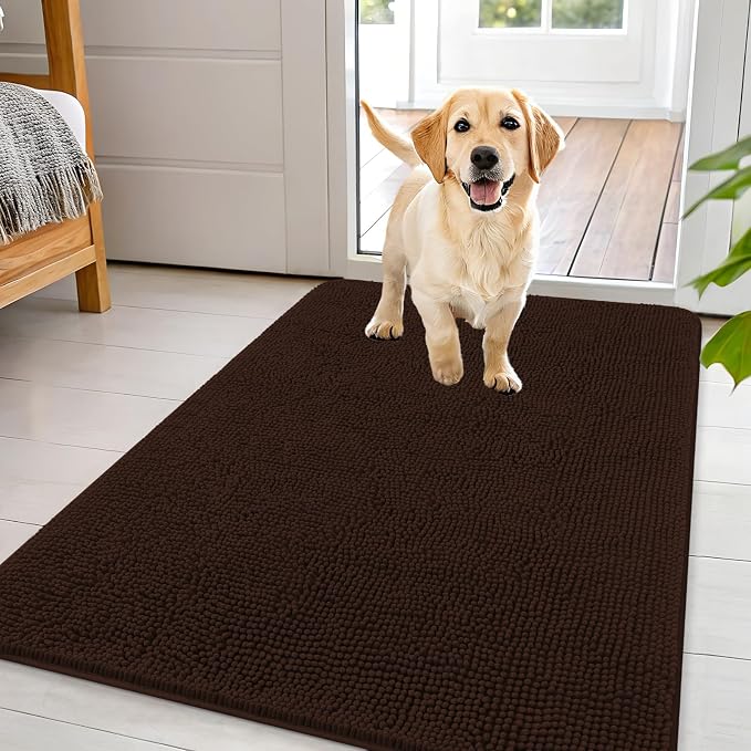OLANLY Dog Door Mat for Muddy Paws 44x32, Absorbs Moisture and Dirt, Absorbent Non-Slip Washable Doormat, Quick Dry Chenille Mud Mat for Dogs, Entry Indoor Entryway Carpet for Inside Floor, Brown by OLANLY