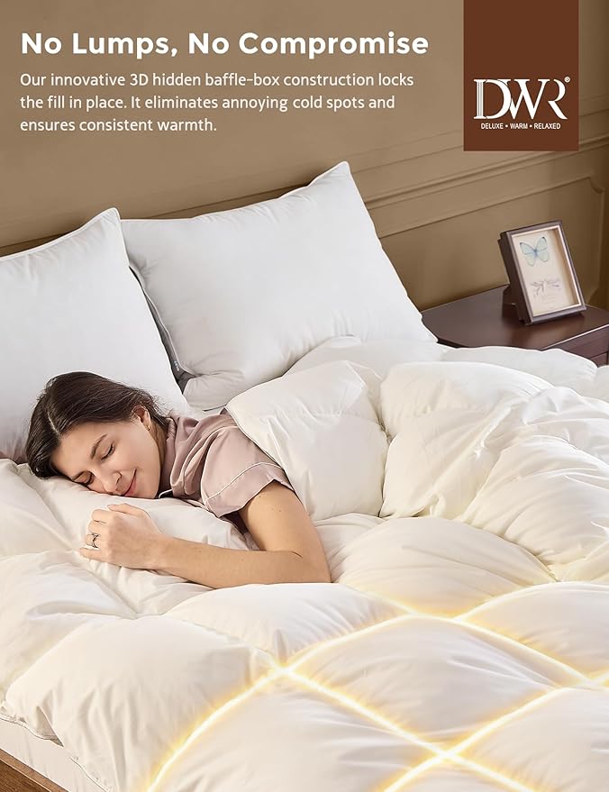 DWR Goose Feather Down Fiber Comforter Oversized King Size, Fluffy White Duvet Insert, Buttery-Soft and Breathable, Marshmallow-Like Loft, All Season Hotel Luxury Bedding, 8 Corner Tabs, 120" x 98"