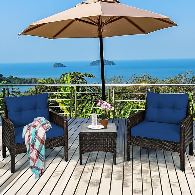 Tangkula 3 Piece Outdoor Patio Furniture Set, Wicker Chairs Set with Glass Top Coffee Table, Thick Cushions, All Weather Garden Lawn Poolside Backyard Porch Furniture Set for 2 (Blue)