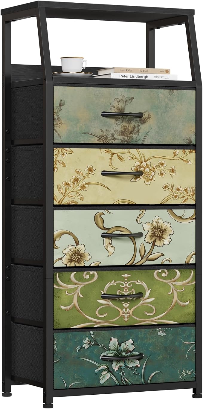 Furnulem Retro 5 Drawers Dresser, Tall Dressers for Bedroom, Closet, Hallway, Nursery, Fabric Storage Tower Organizer, Vertical Nightstand Side Table Furniture, Steel Frame, Wood Top by Furnulem