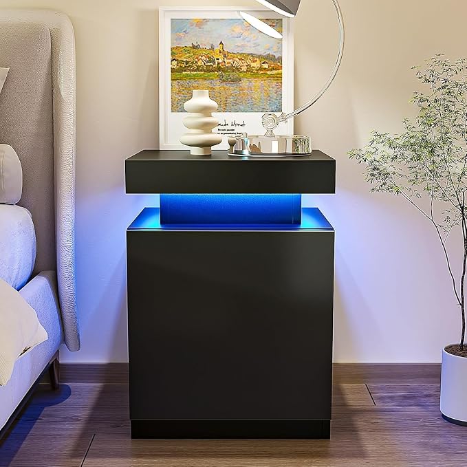 Nightstands Set of 2, 17.7 Inches LED Night Stand Set 2 with Charging Station, Bedside Table with Sliding Top Storage, Modern End Table for Bedroom, Black - Image 5