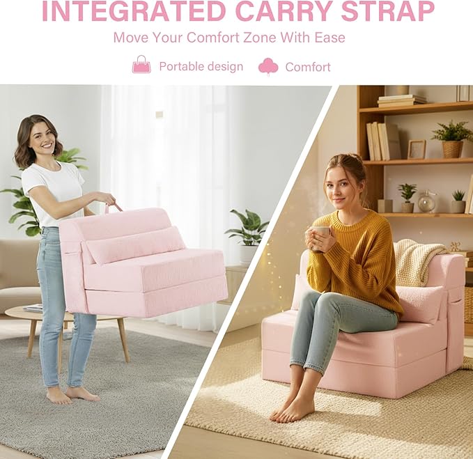 Tiita Convertible Folding Sofa Bed Single Size for Adults with Pillow, Plush Fabric Floor Mattress Couch Bed, Washable Cover & Side Pocket, Guest Room, Dorm, Apartment, Living Room, Pink