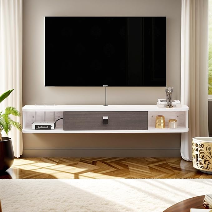 Pmnianhua Floating TV Console,78'' Wall-Mounted Media Console TV Cabinet Floating TV Stand Entertainment Shelf with Door and Storage (Grey-White) - Image 2