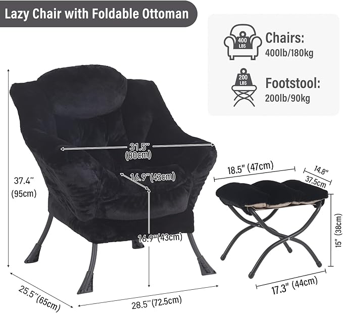 Furlide Lazy Chair with Ottoman, Modern Accent Chair with Armrests and a Side Pocket, Plush Black Accent Chairs, Reading Chairs, Oversized Armchairs for Bedroom, Study, Living Room, Courtyard