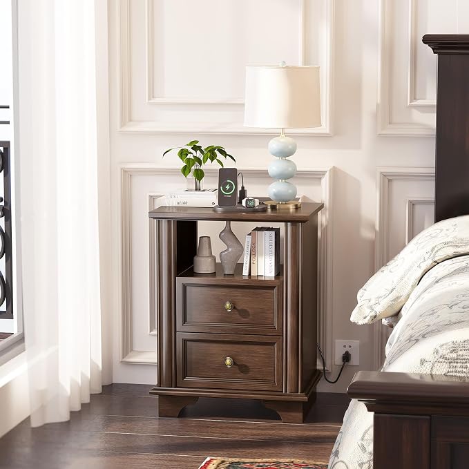 VINGLI 19.7" Nightstand with Charging Station, Wood Nightstand with Drawers, Night Stand for Bedroom, Bed Side Table, End Table, Brown, 19.69" W*13.78" D*25.67" H - Image 6