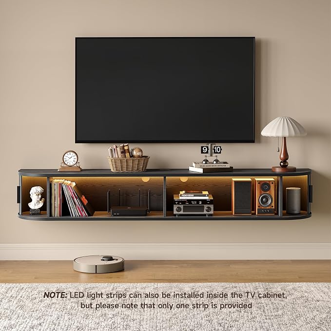 63" Floating TV Stand with Power Outlet for TVs up to 75", Fluted Entertainment Center with Remote Control for LED Lights, Mid-Century Modern TV Console w/Sliding Door for Living Room, Bedroom Black - Image 9