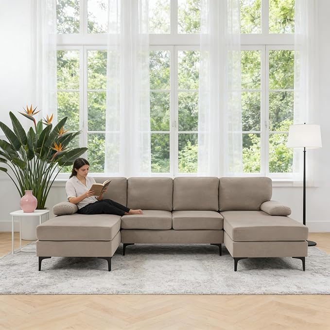 106" U-Shape Sectional Couches with Double Chaise, Upholstered Sofa with Polyester Blend Fabric, Modern 4 Seat Modular Sofa with Sturdy Metal Legs for Living Room, Apartment, Khaki