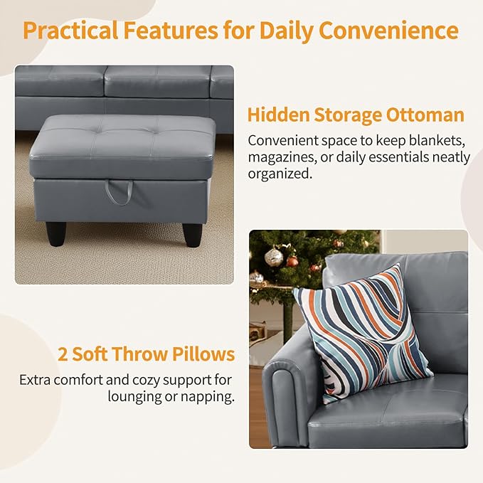 L Shape Sectional Couch, Modern Modular Sofa, 4-Seat L-Shaped Corner Sofá, Convertible Sofa&Couch, Living Room Furniture Sets with Chaise Lounge, Storage Ottoman & 2 Pillows, Faux PU Leather