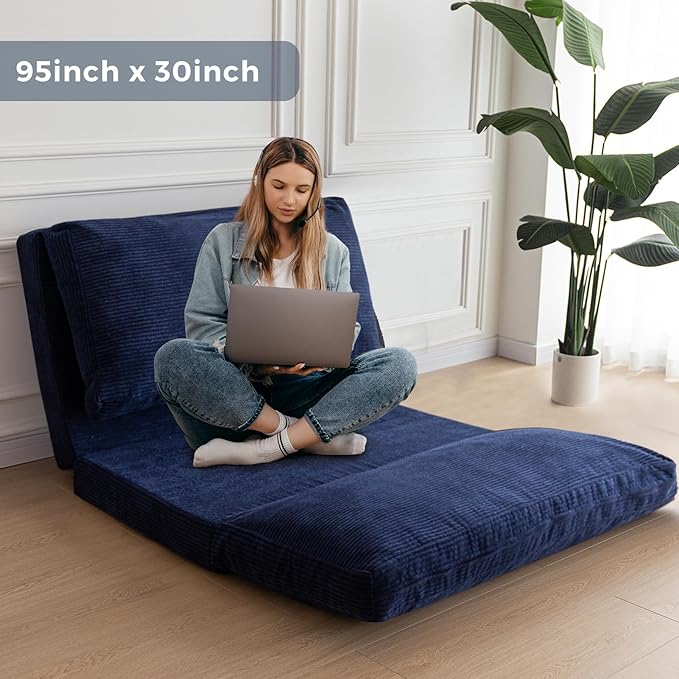 MAXYOYO Folding Sofa Bed, Extra Thick and Long Floor Sofa Convertible Sleeper Chair with Washable Cover, Floor Couch Lounge Bean Bag Bed for Living Room, Navy, 30x95 Inch