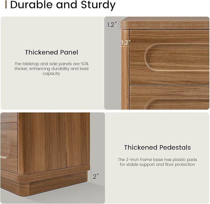 26.2" Tall Nightstand, 21.7" W Night Stand with 3 Storage Drawers, Wood Beside Table, Rounded Corner Design for Bedroom（Brown） - Image 5