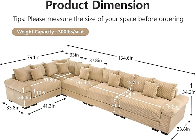 KEIKI 146" L-Shaped Oversized Corduroy Modular Cloud Sectional Sofa with High-Density Foam Cushion, Extra-Thick Armrest, Convertible 5-Seater Fluffy Corner Couch with 18 Pillow, for Living Room, Camel
