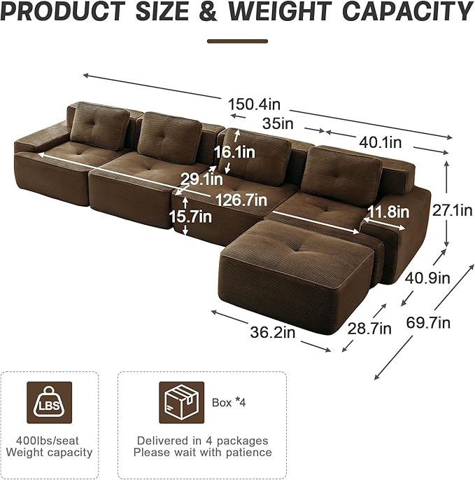 Casaphoria 150'' Corduroy Cloud Couch, 4-Seat L-Shaped Sectional Sofa with 4 Pillows & Ottoman for Living Room, Deep Seat Boneless Couch for Modern Apartment, No Assembly Required, Brown