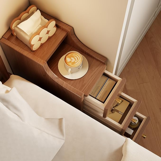 Solid Wood Narrow Nightstand with Drawers,Walnut Nightstand Wood Bedside Table Modern for Bedroom,Study,Toilet - Image 4