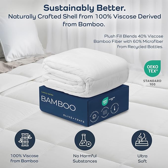 Olive + Crate Cooling Oversize King Size Comforter - Hypoallergenic 100% Bamboo Viscose Outer Cover - Oversized King Duvet Insert - Fluffy Lightweight Plush - White Comforter - 116"x 98"