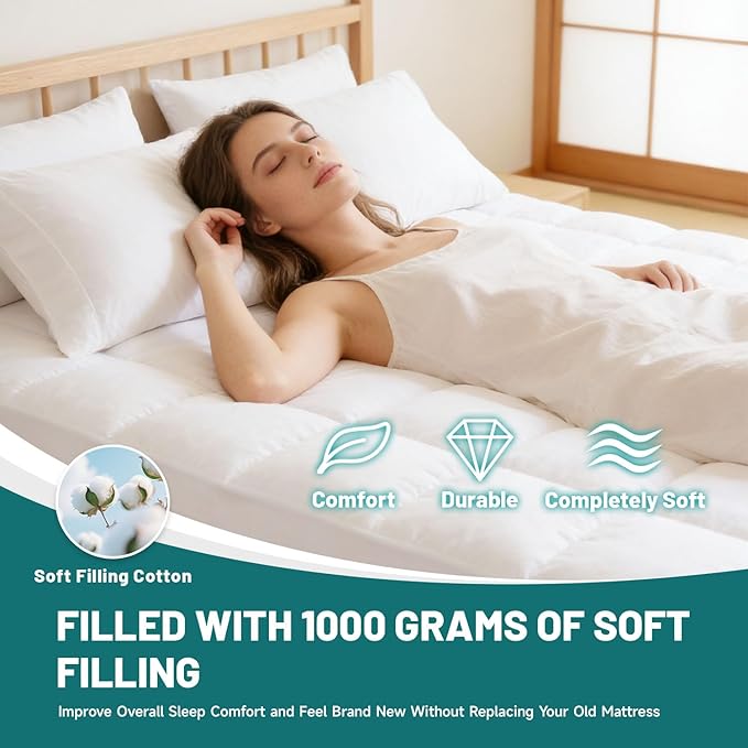 Premium Quilted 1000GSM Luxury Extra Thick Mattress Topper, King Size Cooling Mattress Pad, Overfilled Plush, Cloud-Like Comfort, Breathable, 8-21" Deep Pocket (White, California King)