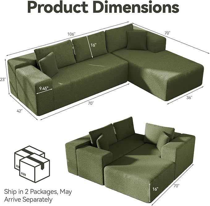 106" Modular Sectional Sofa, Green Wool Cloud Couch with Left Chaise, Deep Seat Boneless Floor Sofa for Living Room, High-Resilience Foam Support, No Assembly Required, Includes Pillows | Sectional Sofa, Corduroy Cloud, Boneless, High-Resilience, No As...